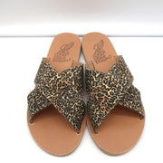 Ancient Greek Sandals Thais Crisscross Slides Leopard Print Satin Size 38 NEW
