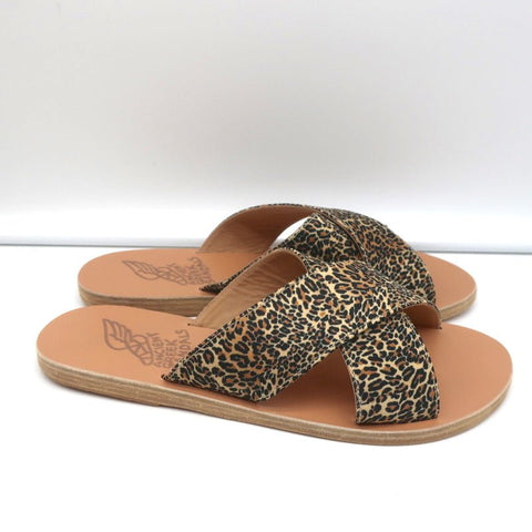 Ancient Greek Sandals Thais Crisscross Slides Leopard Print Satin Size 38 NEW