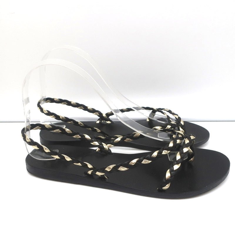 Ancient Greek Sandals Yianna Slingback Sandal Black/Gold Braided Leather Size 38