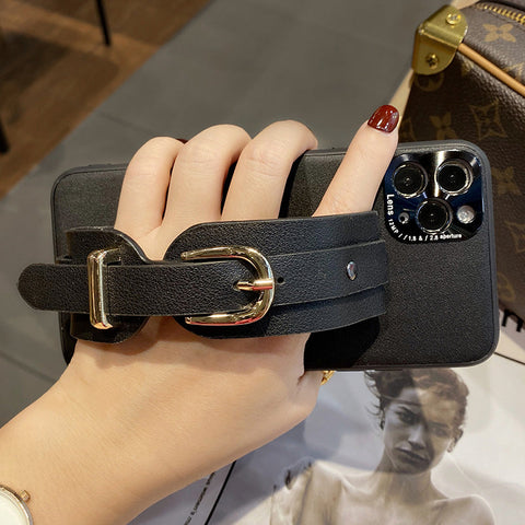 Button Leather Wristband Phone Case
