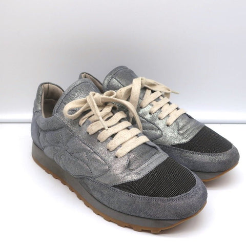 Brunello Cucinelli Monili Runner Sneakers Blue Metallic Leather Size 41