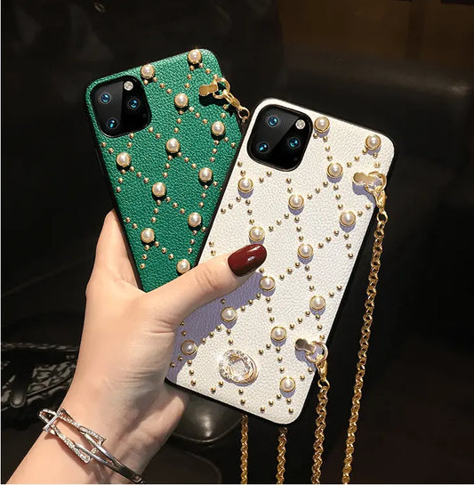 Fashion Pearl Rivet Diagonal Chain Phone Case lbcase
