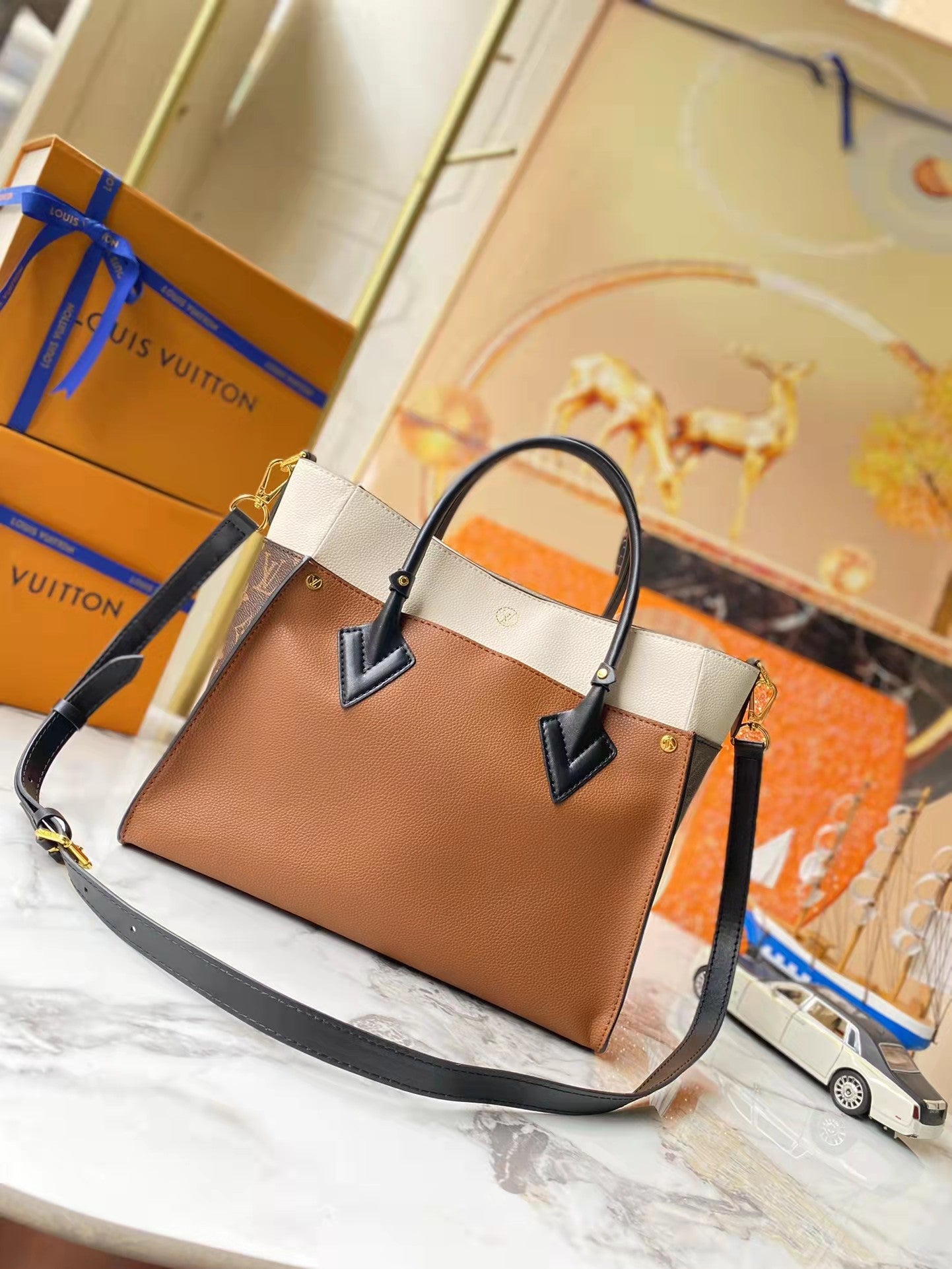 Leather and canvas combined handbag lbcase
