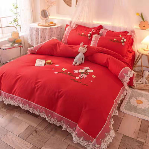 Princess Lace embroidery cotton four-piece Bed skirt bed Supplies