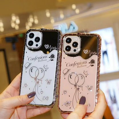 Two-in-one phone case with rhinestone frame and mirror lbcase