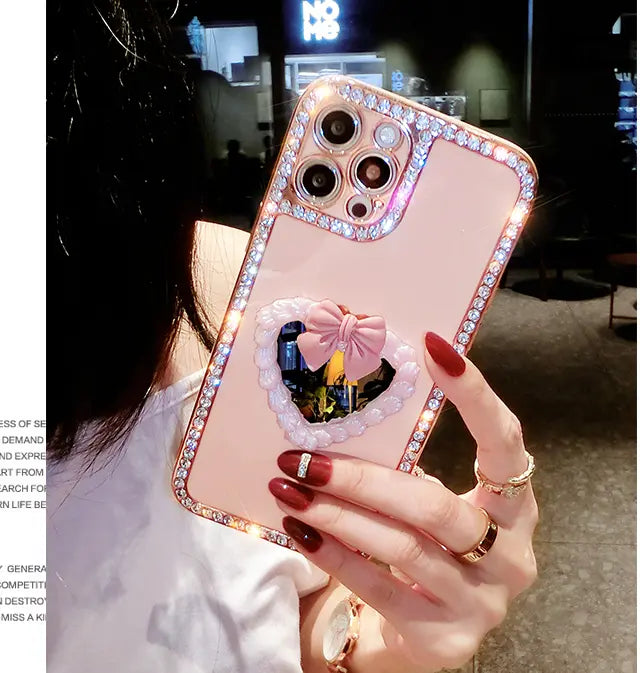 Rhinestone Love Makeup Mirror Phone Case For iphone lbcase