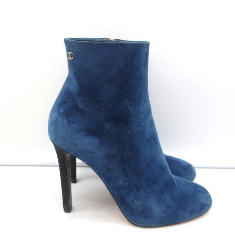 18C CC Ankle Boots Dark Blue Suede Size 37.5 Grosgrain Heel Booties