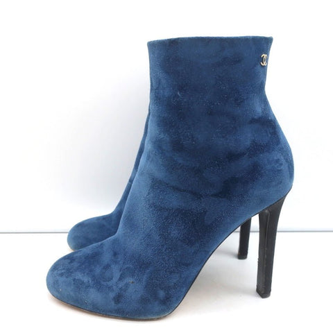 18C CC Ankle Boots Dark Blue Suede Size 37.5 Grosgrain Heel Booties