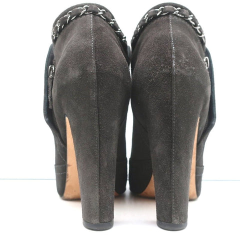 Chain-Trim Ankle Boots Dark Gray Glitter Suede Size 37 High Heel Booties
