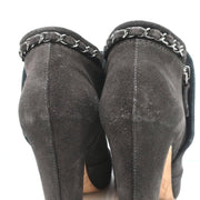 Chain-Trim Ankle Boots Dark Gray Glitter Suede Size 37 High Heel Booties