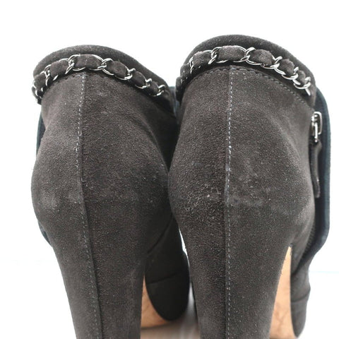 Chain-Trim Ankle Boots Dark Gray Glitter Suede Size 37 High Heel Booties