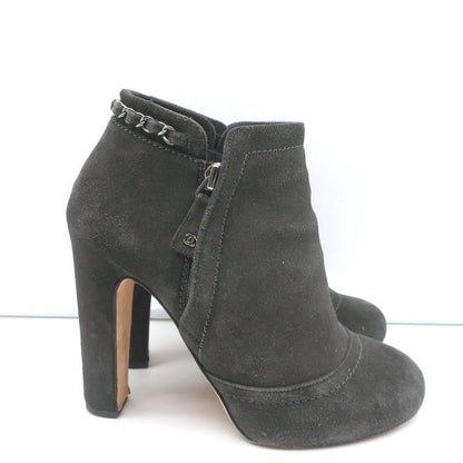 Chain-Trim Ankle Boots Dark Gray Glitter Suede Size 37 High Heel Booties