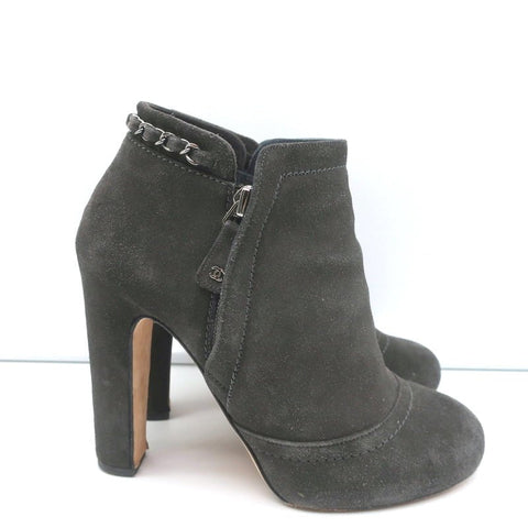 Chain-Trim Ankle Boots Dark Gray Glitter Suede Size 37 High Heel Booties