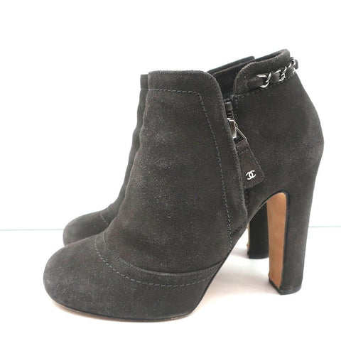 Chain-Trim Ankle Boots Dark Gray Glitter Suede Size 37 High Heel Booties