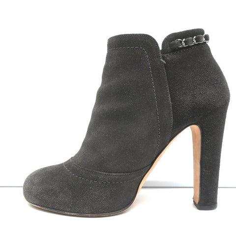 Chain-Trim Ankle Boots Dark Gray Glitter Suede Size 37 High Heel Booties