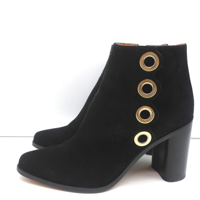 Chloe Grommet-Trim Ankle Boots Flo Black Suede Size 38.5 Pointed Toe Booties