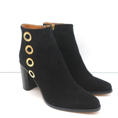 Chloe Grommet-Trim Ankle Boots Flo Black Suede Size 38.5 Pointed Toe Booties