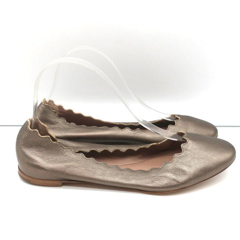 Chloe Lauren Ballet Flats Pewter Metallic Scalloped Leather Size 38