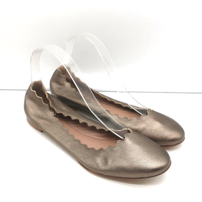 Chloe Lauren Ballet Flats Pewter Metallic Scalloped Leather Size 38