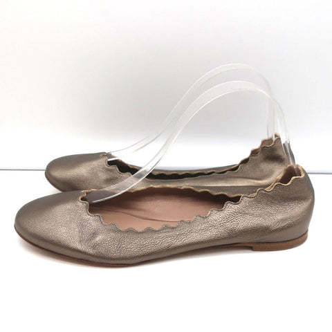 Chloe Lauren Ballet Flats Pewter Metallic Scalloped Leather Size 38