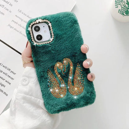 Rhinestone swan Plush phone case lbcase