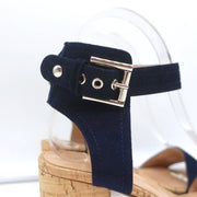 Gianvito Rossi Cork Sandals Rikki Navy Suede Size 36 Ankle Strap Mid-Heel