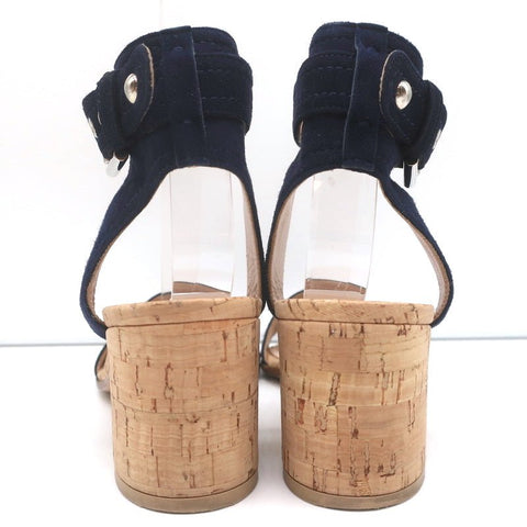Gianvito Rossi Cork Sandals Rikki Navy Suede Size 36 Ankle Strap Mid-Heel