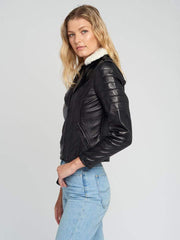 Black Fur Collared Leather Jacket