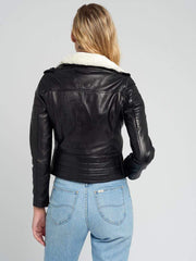 Black Fur Collared Leather Jacket