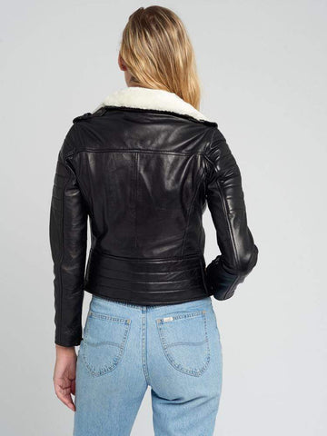 Black Fur Collared Leather Jacket
