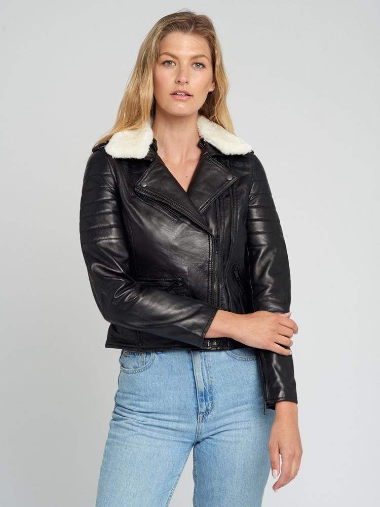 Black Fur Collared Leather Jacket