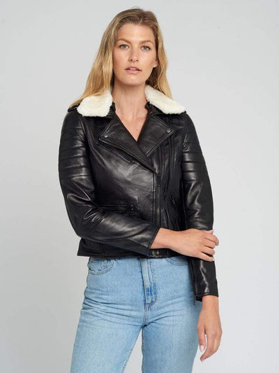 Black Fur Collared Leather Jacket
