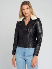 Black Fur Collared Leather Jacket