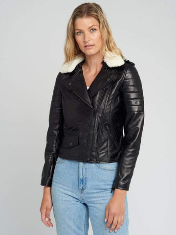 Black Fur Collared Leather Jacket