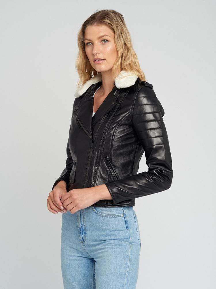 Black Fur Collared Leather Jacket