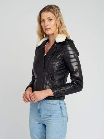 Black Fur Collared Leather Jacket