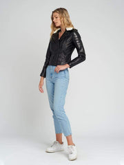 Black Fur Collared Leather Jacket
