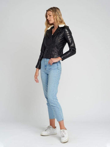 Black Fur Collared Leather Jacket