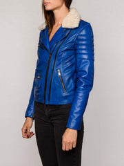 Blue Fur Collared Leather Jacket