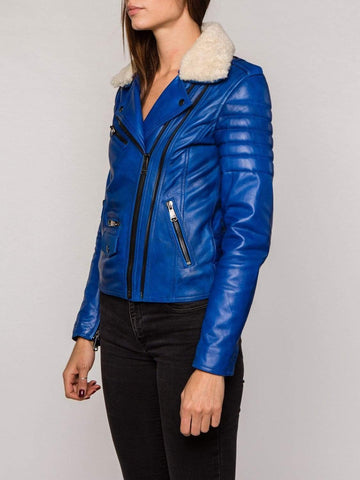 Blue Fur Collared Leather Jacket