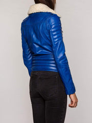 Blue Fur Collared Leather Jacket