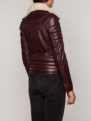 Burgundy Fur Collared Leather Jacket