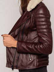 Burgundy Fur Collared Leather Jacket