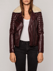 Burgundy Fur Collared Leather Jacket
