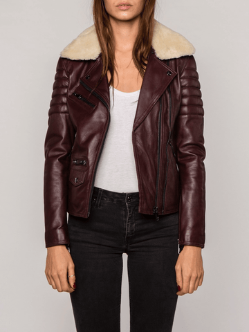 Burgundy Fur Collared Leather Jacket