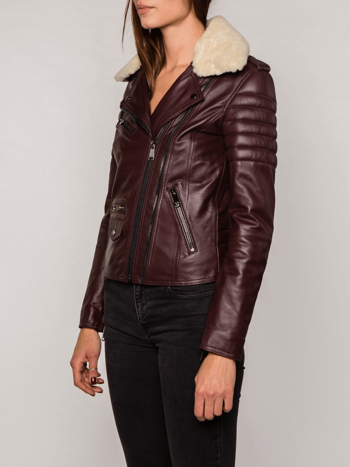 Burgundy Fur Collared Leather Jacket