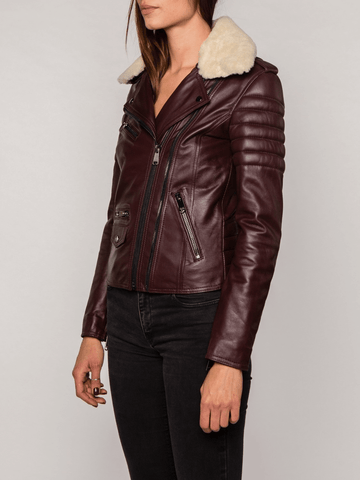 Burgundy Fur Collared Leather Jacket