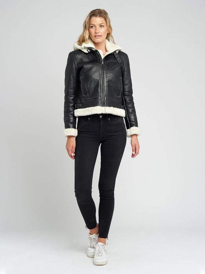 Delia Detachable Fur Hood Leather Jacket