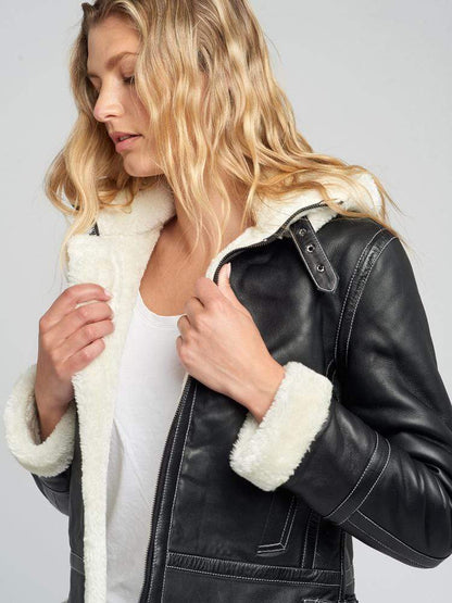 Delia Detachable Fur Hood Leather Jacket