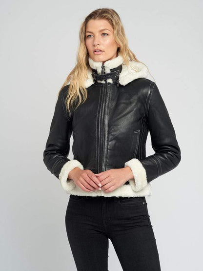 Delia Detachable Fur Hood Leather Jacket